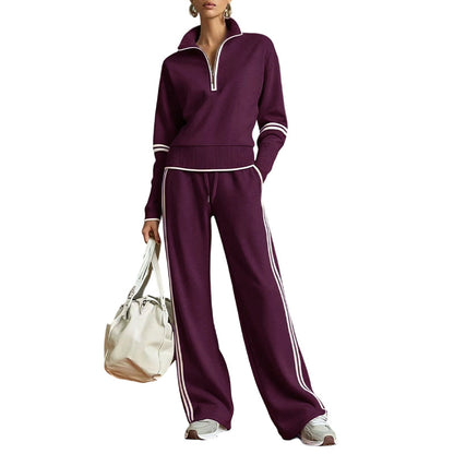 ✨ Effortless Comfort | Women's Half-Zip Top & Wide-Leg Pants 2-Piece Set