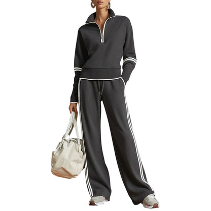 ✨ Effortless Comfort | Women's Half-Zip Top & Wide-Leg Pants 2-Piece Set