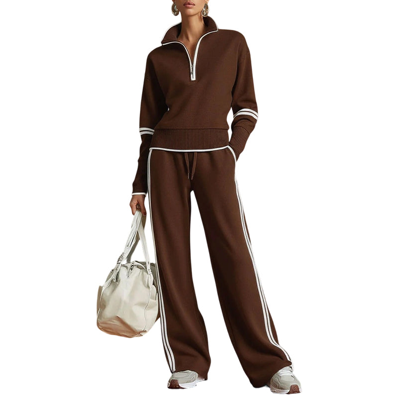 ✨ Effortless Comfort | Women's Half-Zip Top & Wide-Leg Pants 2-Piece Set