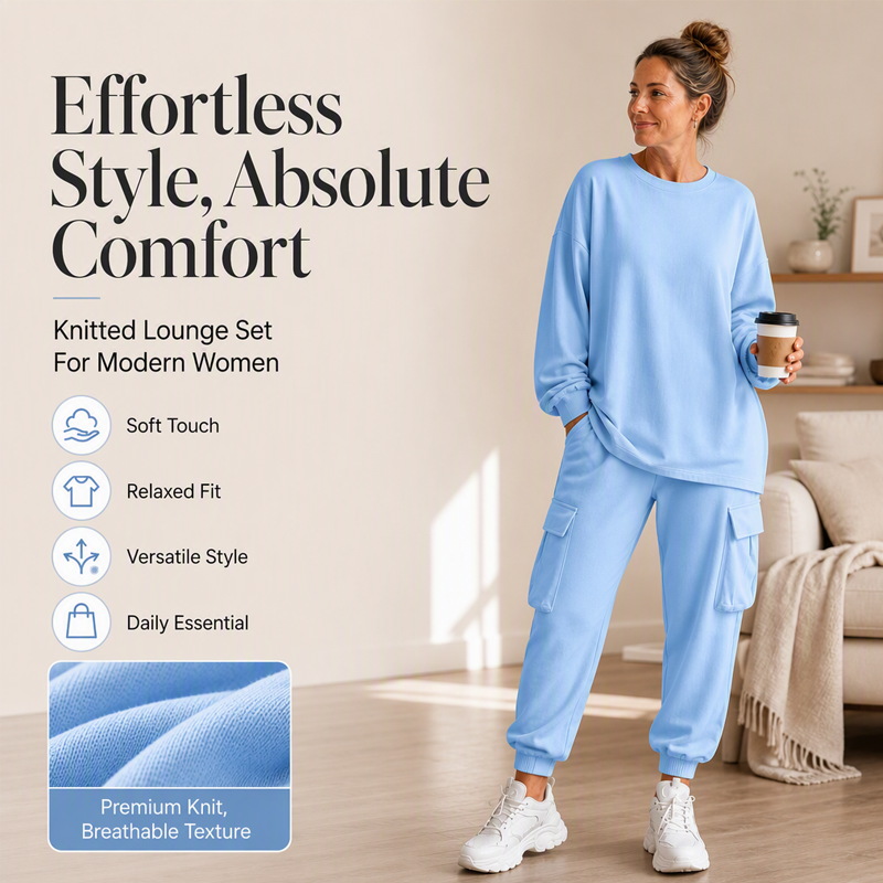 ✨ Easy Everyday Comfort | Women's Relaxed Crew-Neck Top & Cargo Pants 2-Piece Set