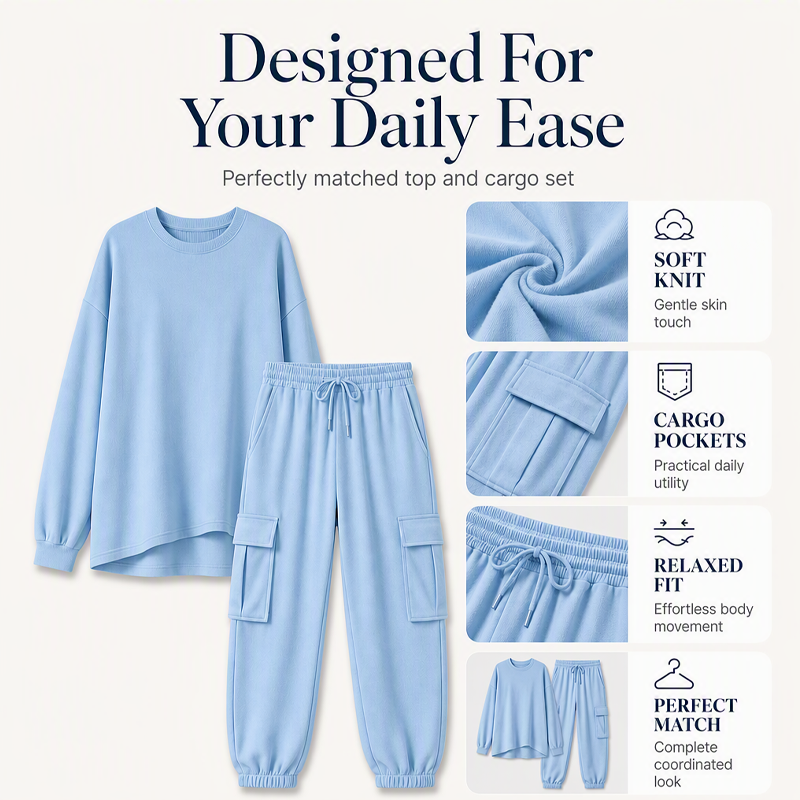 ✨ Easy Everyday Comfort | Women's Relaxed Crew-Neck Top & Cargo Pants 2-Piece Set