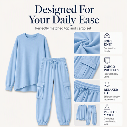 ✨ Easy Everyday Comfort | Women's Relaxed Crew-Neck Top & Cargo Pants 2-Piece Set