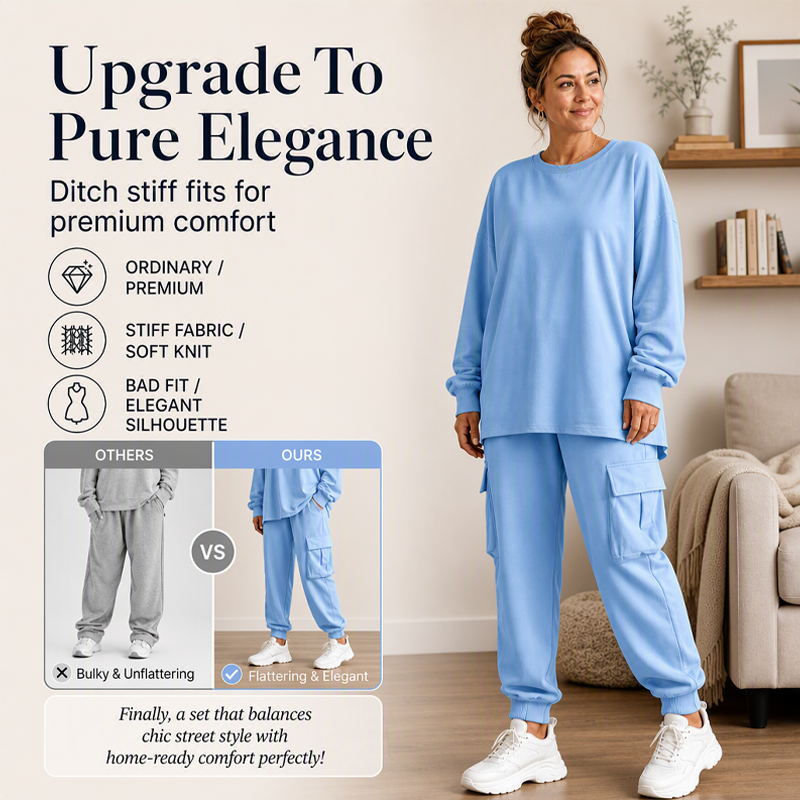 ✨ Easy Everyday Comfort | Women's Relaxed Crew-Neck Top & Cargo Pants 2-Piece Set