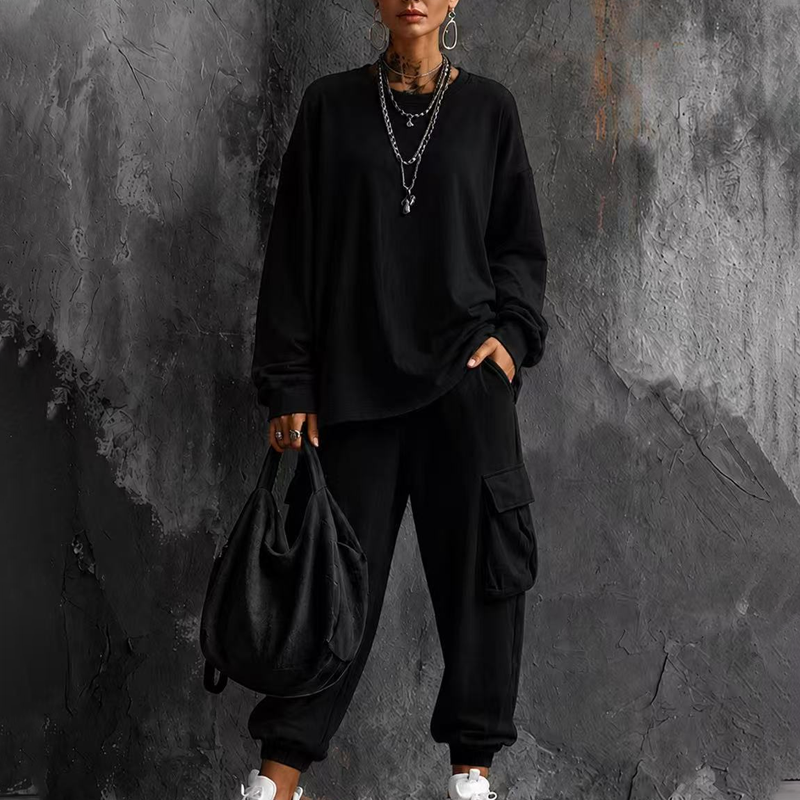 ✨ Easy Everyday Comfort | Women's Relaxed Crew-Neck Top & Cargo Pants 2-Piece Set