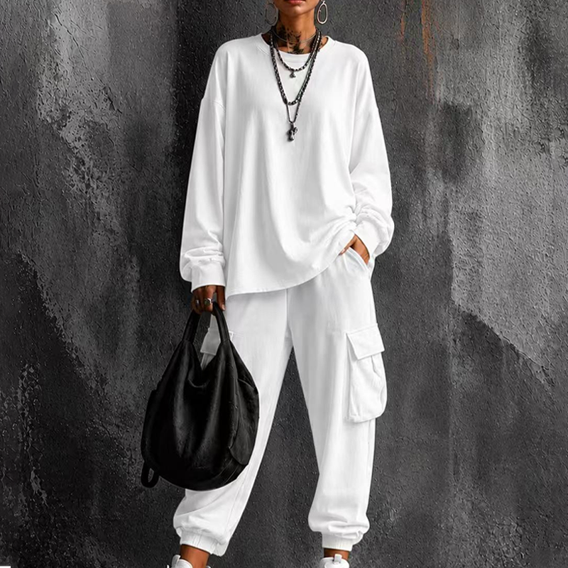 ✨ Easy Everyday Comfort | Women's Relaxed Crew-Neck Top & Cargo Pants 2-Piece Set