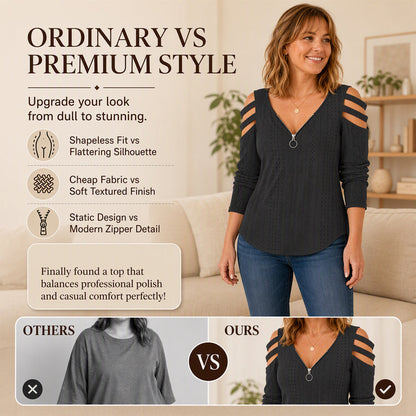 Luxury Comfort You Can Wear Anywhere ✨Women's Cold Shoulder Zipper T-Shirt
