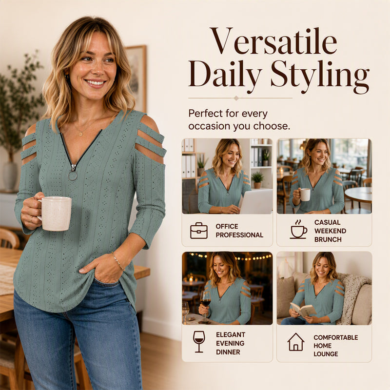 Luxury Comfort You Can Wear Anywhere ✨Women's Cold Shoulder Zipper T-Shirt