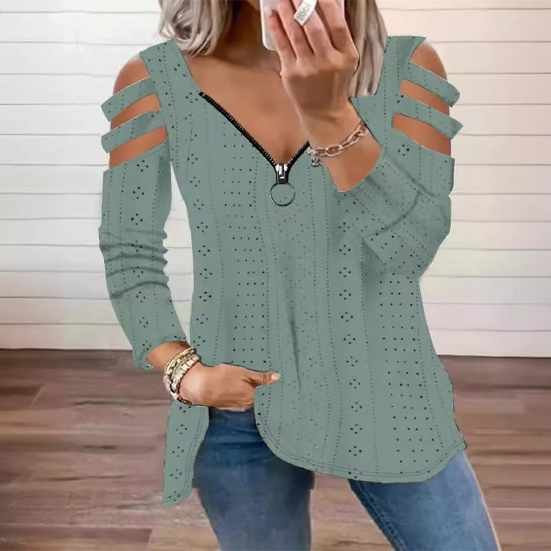 Luxury Comfort You Can Wear Anywhere ✨Women's Cold Shoulder Zipper T-Shirt