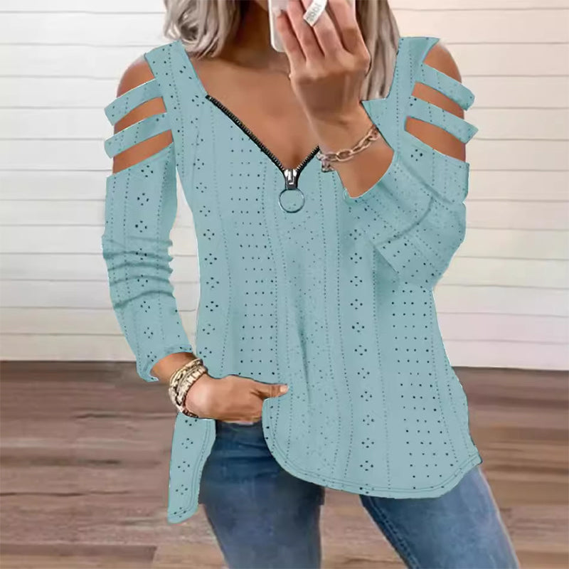 Luxury Comfort You Can Wear Anywhere ✨Women's Cold Shoulder Zipper T-Shirt
