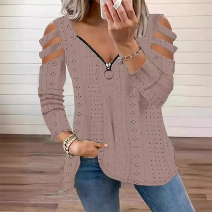 Luxury Comfort You Can Wear Anywhere ✨Women's Cold Shoulder Zipper T-Shirt