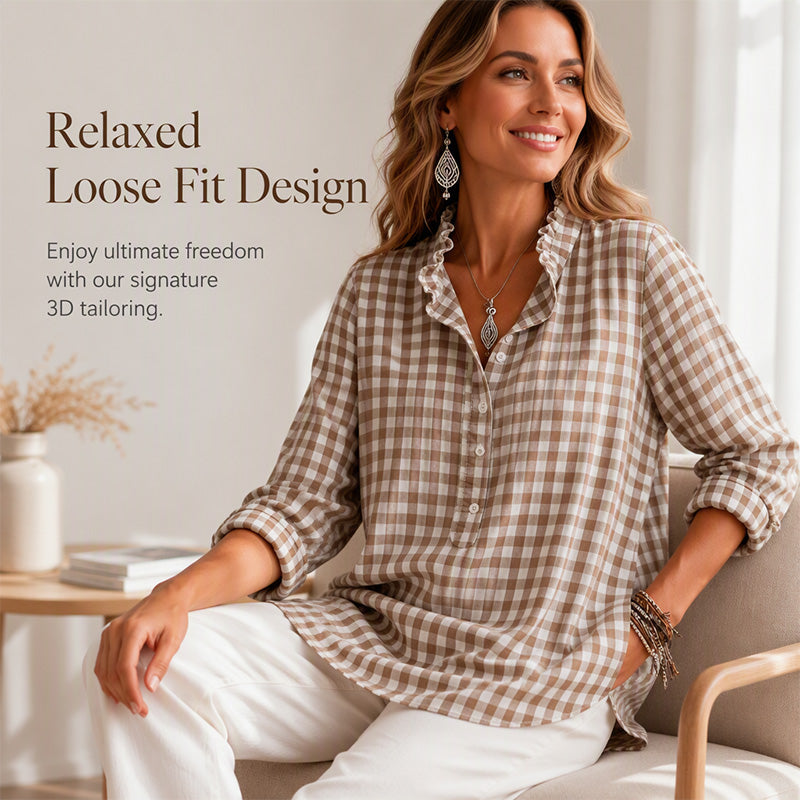 🍁Get Your New Fall Fashion-Women's Gingham Ruffle Casual Long Sleeve Shirt