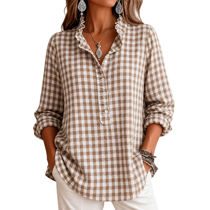 🍁Get Your New Fall Fashion-Women's Gingham Ruffle Casual Long Sleeve Shirt
