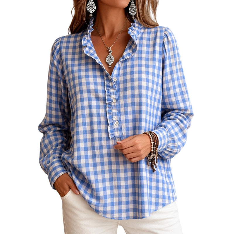 🍁Get Your New Fall Fashion-Women's Gingham Ruffle Casual Long Sleeve Shirt