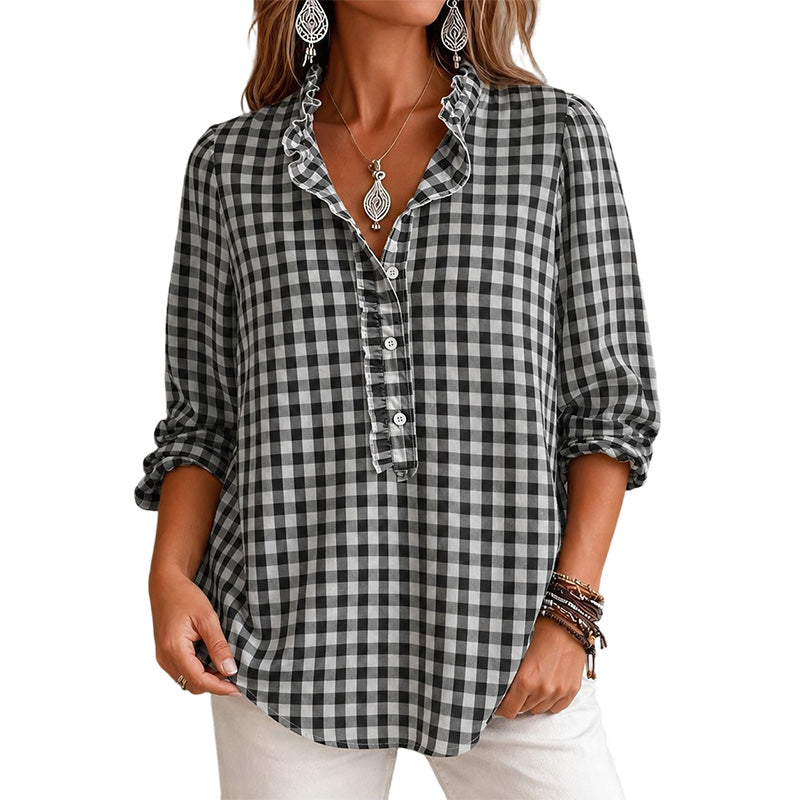 🍁Get Your New Fall Fashion-Women's Gingham Ruffle Casual Long Sleeve Shirt