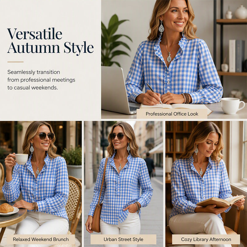 🍁Get Your New Fall Fashion-Women's Gingham Ruffle Casual Long Sleeve Shirt