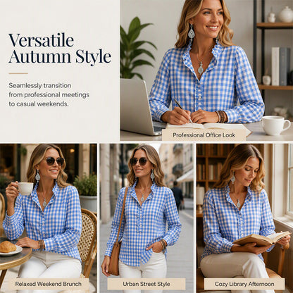 🍁Get Your New Fall Fashion-Women's Gingham Ruffle Casual Long Sleeve Shirt