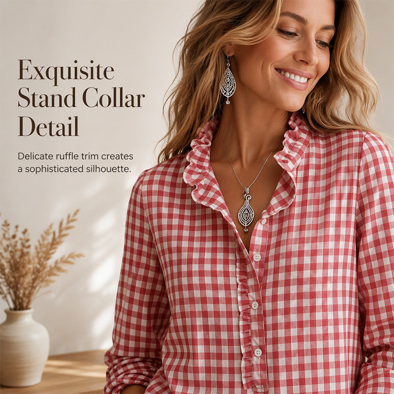 🍁Get Your New Fall Fashion-Women's Gingham Ruffle Casual Long Sleeve Shirt