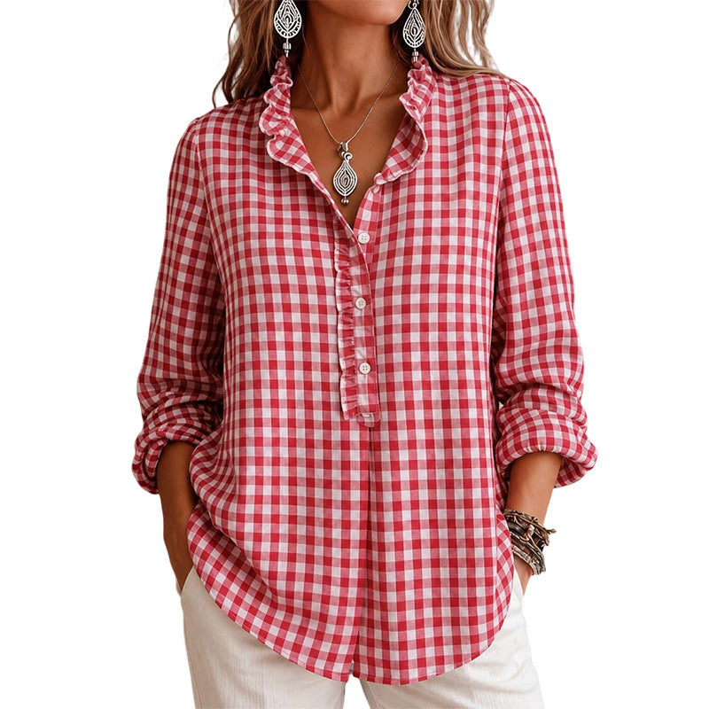🍁Get Your New Fall Fashion-Women's Gingham Ruffle Casual Long Sleeve Shirt