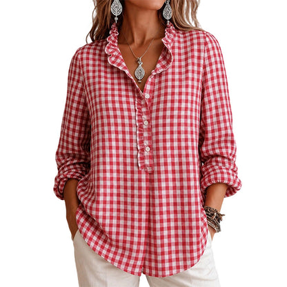 🍁Get Your New Fall Fashion-Women's Gingham Ruffle Casual Long Sleeve Shirt