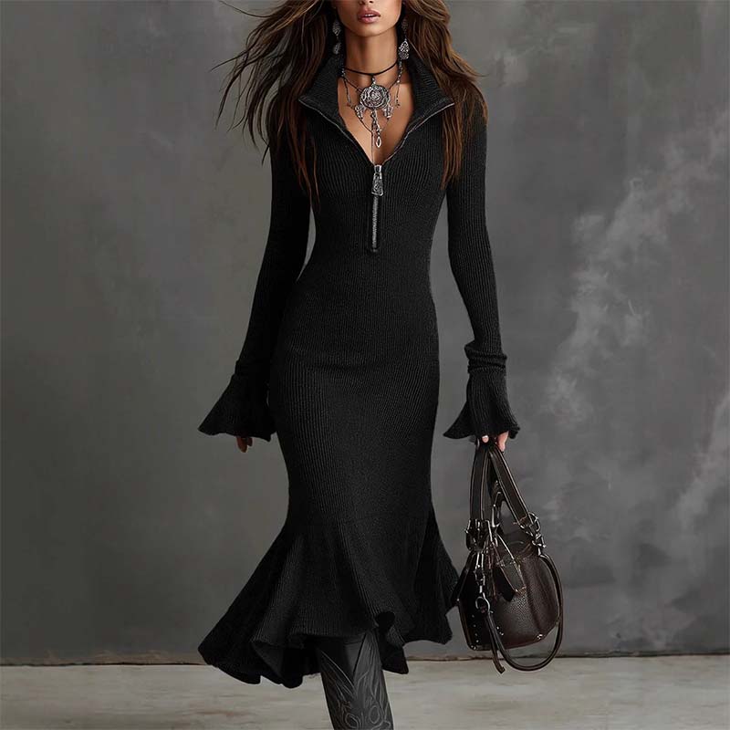 🍁New Fall Collection-Women's Zipper Lapel Flare Sleeve Knit Fishtail Dress