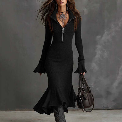 🍁New Fall Collection-Women's Zipper Lapel Flare Sleeve Knit Fishtail Dress