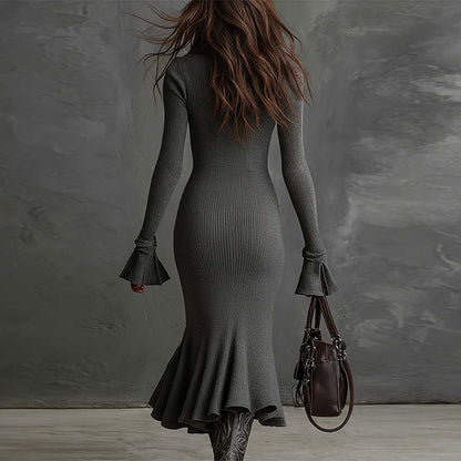 🍁New Fall Collection-Women's Zipper Lapel Flare Sleeve Knit Fishtail Dress