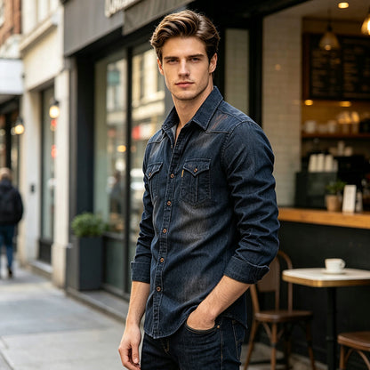 💯 Comfort Meets Quality | Men’s Soft Cotton-Blend Button-Front Denim Shirt