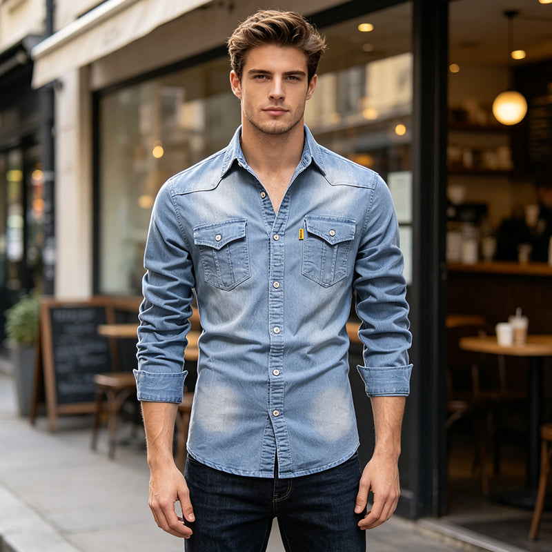 💯 Comfort Meets Quality | Men’s Soft Cotton-Blend Button-Front Denim Shirt