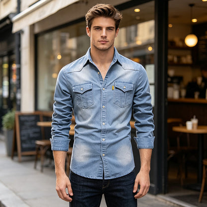 💯 Comfort Meets Quality | Men’s Soft Cotton-Blend Button-Front Denim Shirt