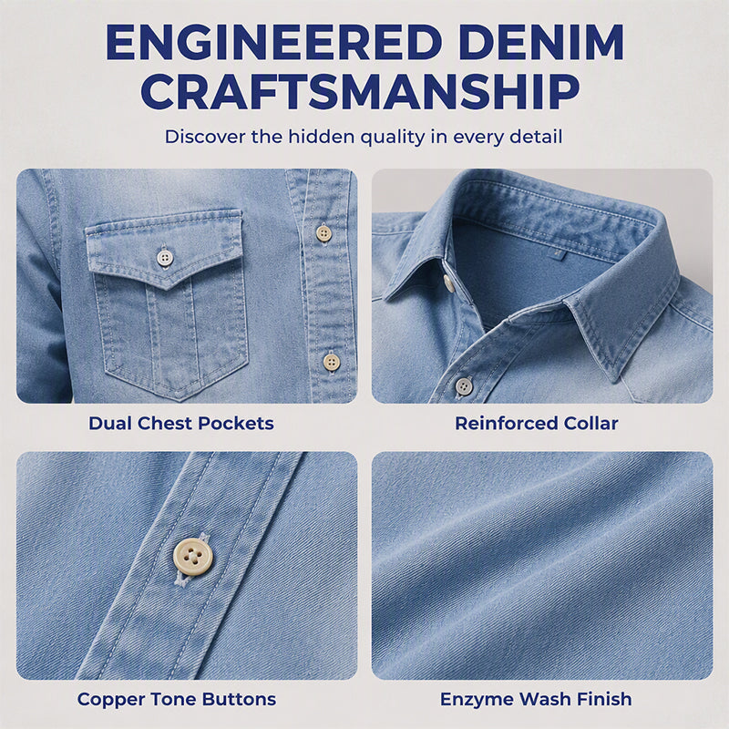 💯 Comfort Meets Quality | Men’s Soft Cotton-Blend Button-Front Denim Shirt