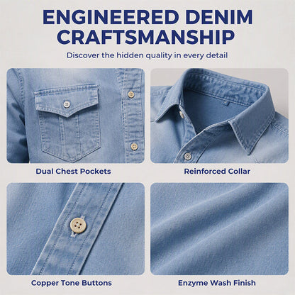 💯 Comfort Meets Quality | Men’s Soft Cotton-Blend Button-Front Denim Shirt
