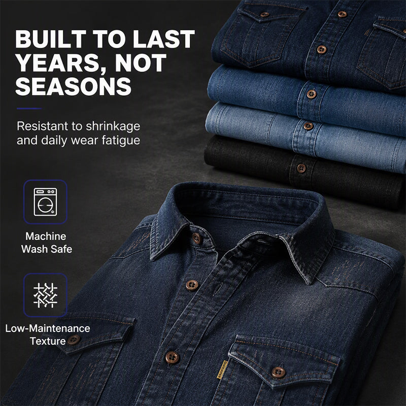 💯 Comfort Meets Quality | Men’s Soft Cotton-Blend Button-Front Denim Shirt
