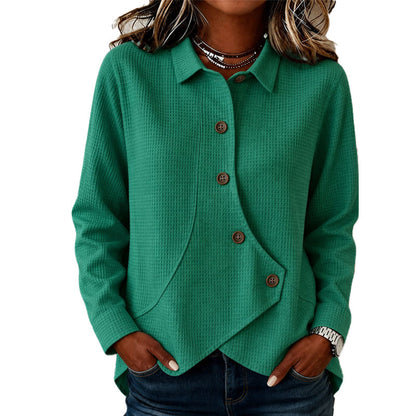 ✨ Easy Everyday Comfort | Women’s Waffle-Knit Irregular-Hem Button Top