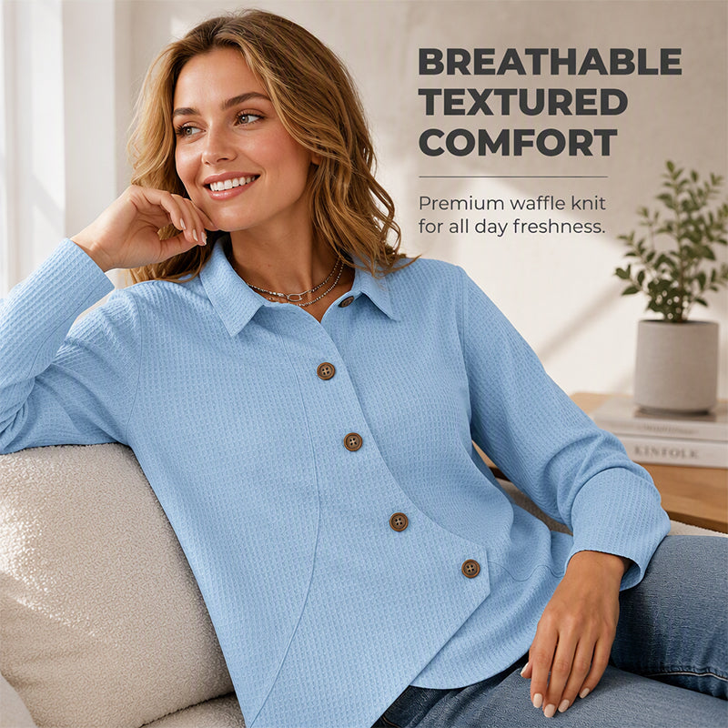 ✨ Easy Everyday Comfort | Women’s Waffle-Knit Irregular-Hem Button Top