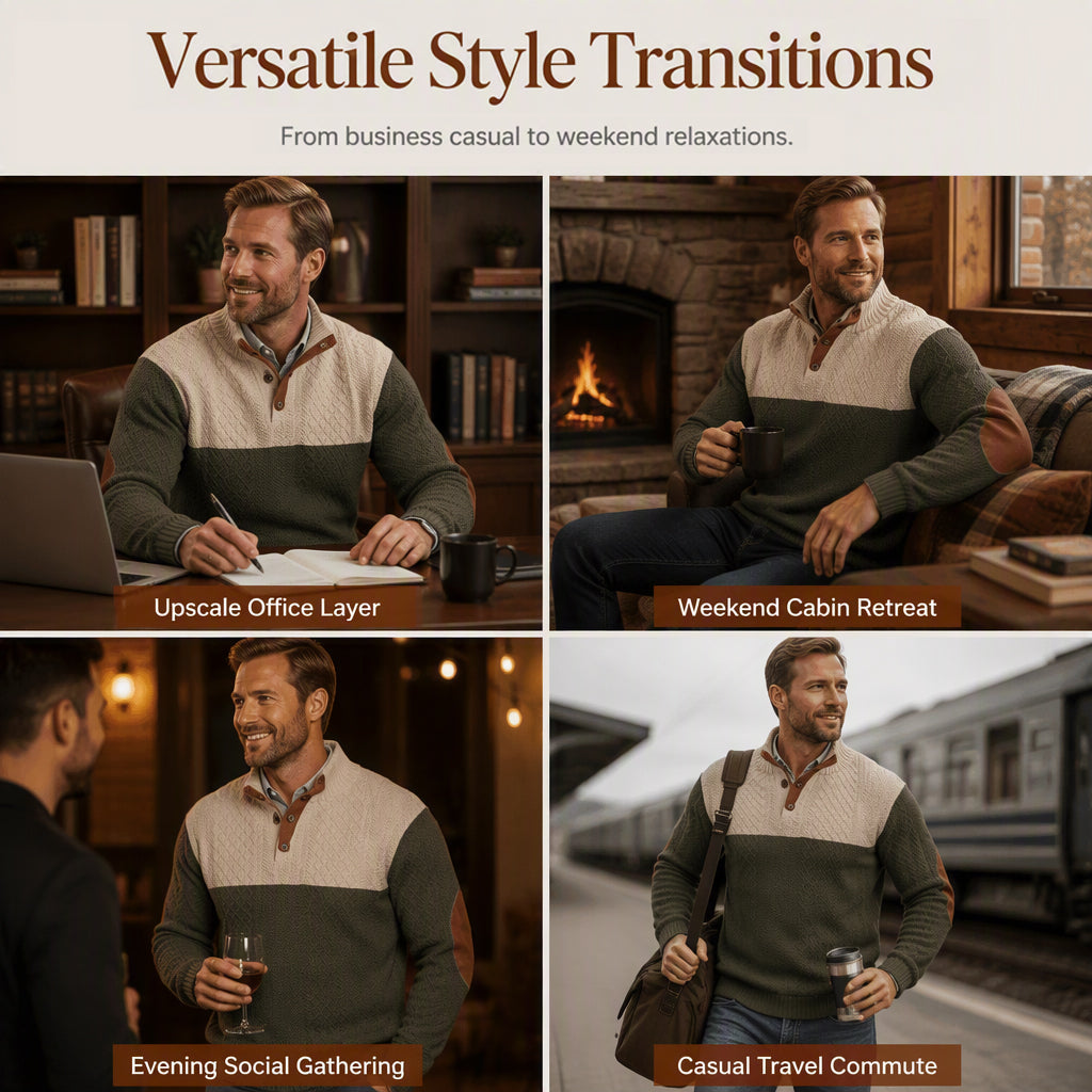 ✨ Timeless Comfort | Men's Textured Patchwork Crew-Neck Sweater