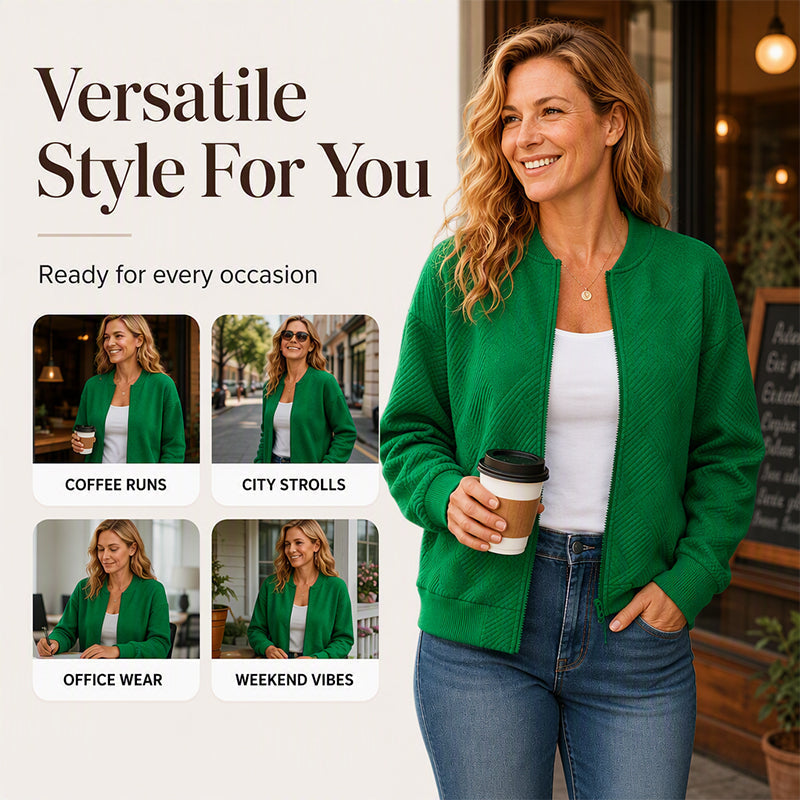 ✨ Easy Everyday Style | Women's Textured Zip-Up Baseball-Collar Jacket