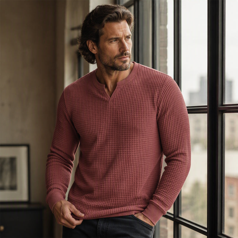 ✨ Timeless Comfort | Men's Textured Waffle-Knit V-Neck Shirt