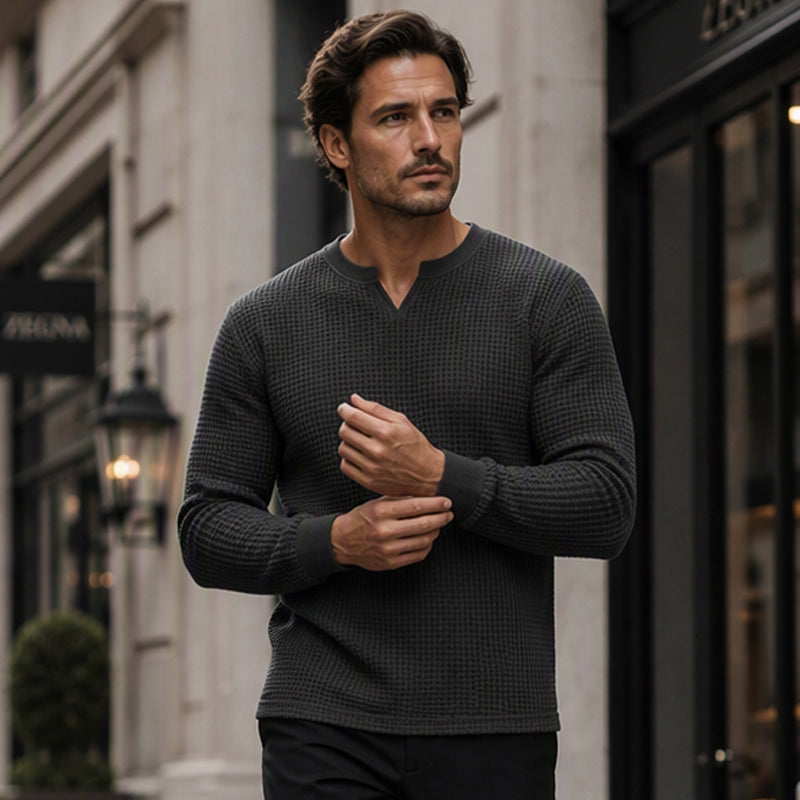 ✨ Timeless Comfort | Men's Textured Waffle-Knit V-Neck Shirt