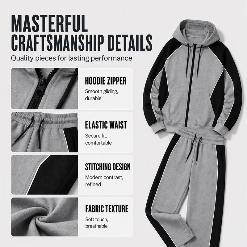 ✨ Easy Everyday Comfort | Men's Color-Block Zip-Up Hoodie & Sweatpants 2-Piece Set
