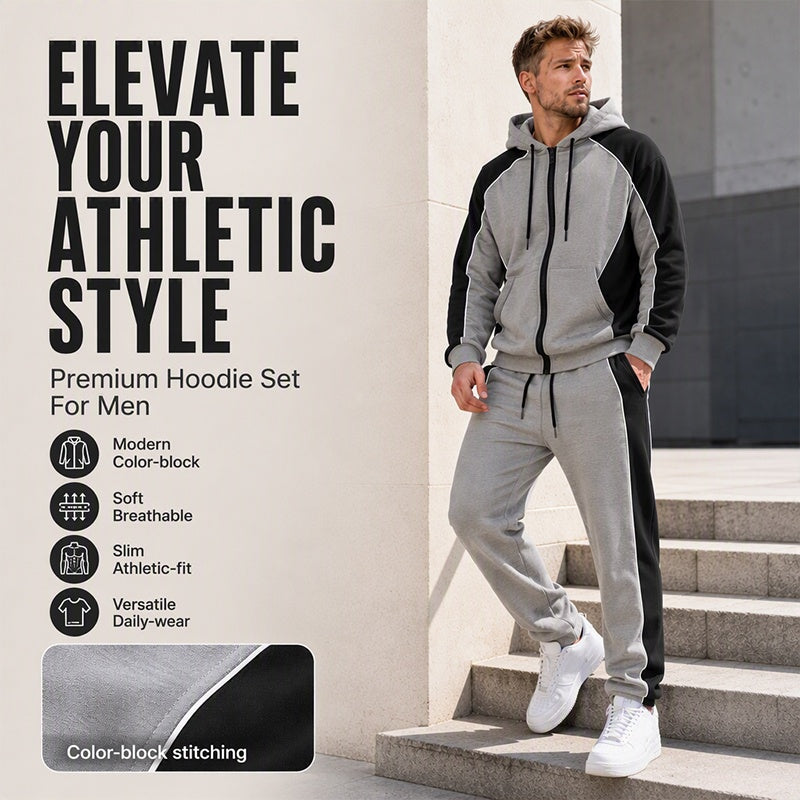 ✨ Easy Everyday Comfort | Men's Color-Block Zip-Up Hoodie & Sweatpants 2-Piece Set