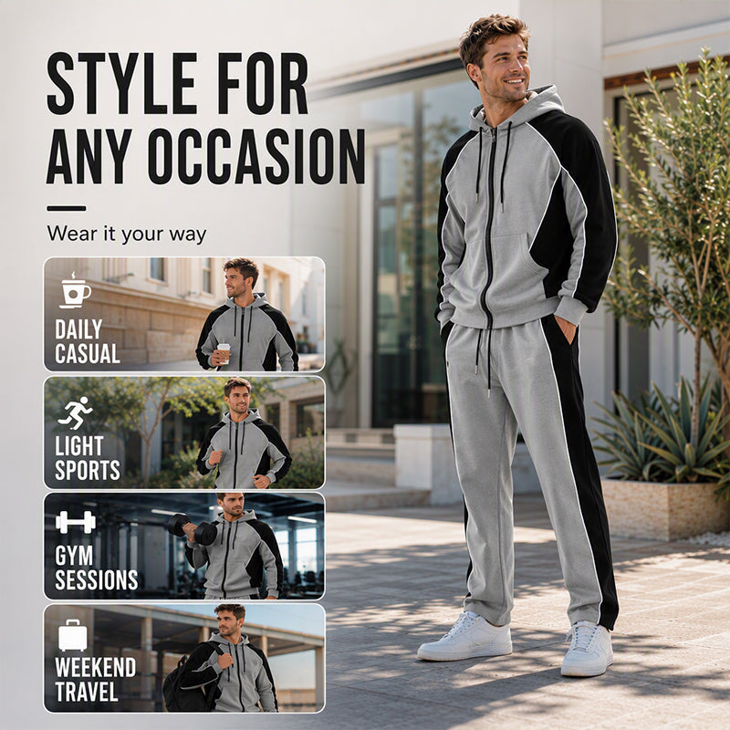 ✨ Easy Everyday Comfort | Men's Color-Block Zip-Up Hoodie & Sweatpants 2-Piece Set