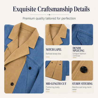 ✨ Elevated Denim Style | Women's Denim Patchwork Lapel Jacket