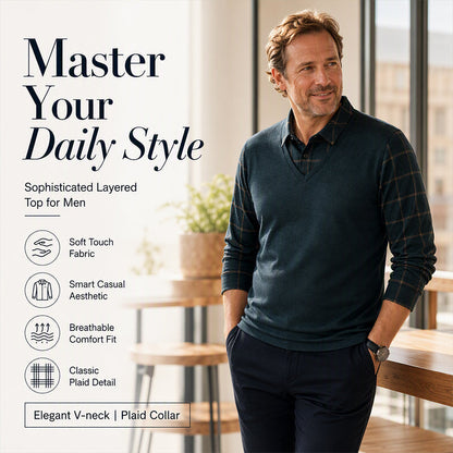 ✨ Timeless Comfort | Men's Plaid Layered-Look Knit Top