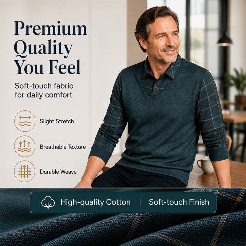 ✨ Timeless Comfort | Men's Plaid Layered-Look Knit Top