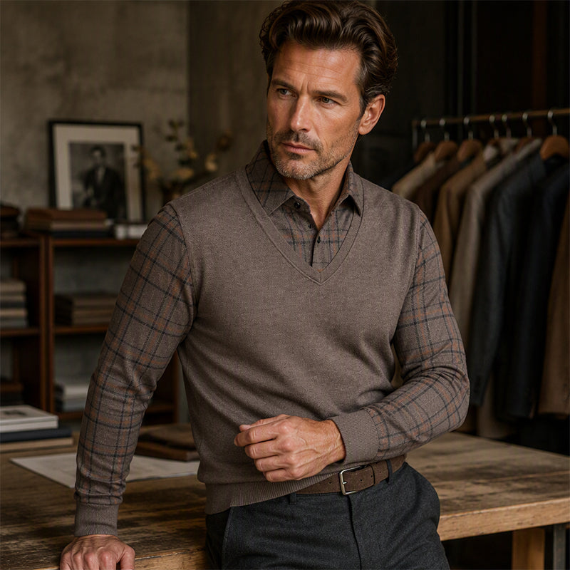 ✨ Timeless Comfort | Men's Plaid Layered-Look Knit Top