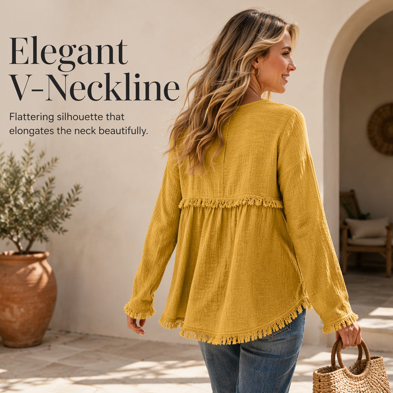 ☀️ Lightweight Comfort | Women's Tassel V-Neck Relaxed-Fit Blouse