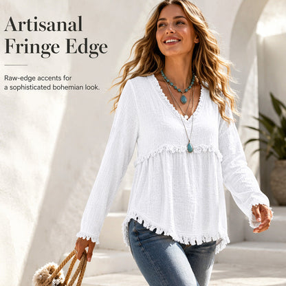 ☀️ Lightweight Comfort | Women's Tassel V-Neck Relaxed-Fit Blouse