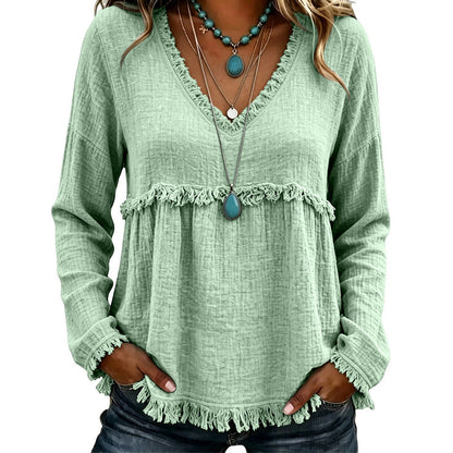☀️ Lightweight Comfort | Women's Tassel V-Neck Relaxed-Fit Blouse