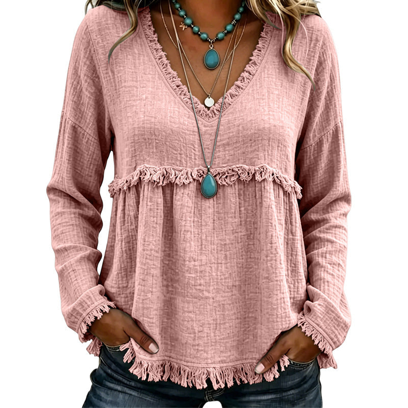 ☀️ Lightweight Comfort | Women's Tassel V-Neck Relaxed-Fit Blouse