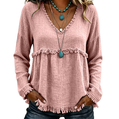 ☀️ Lightweight Comfort | Women's Tassel V-Neck Relaxed-Fit Blouse